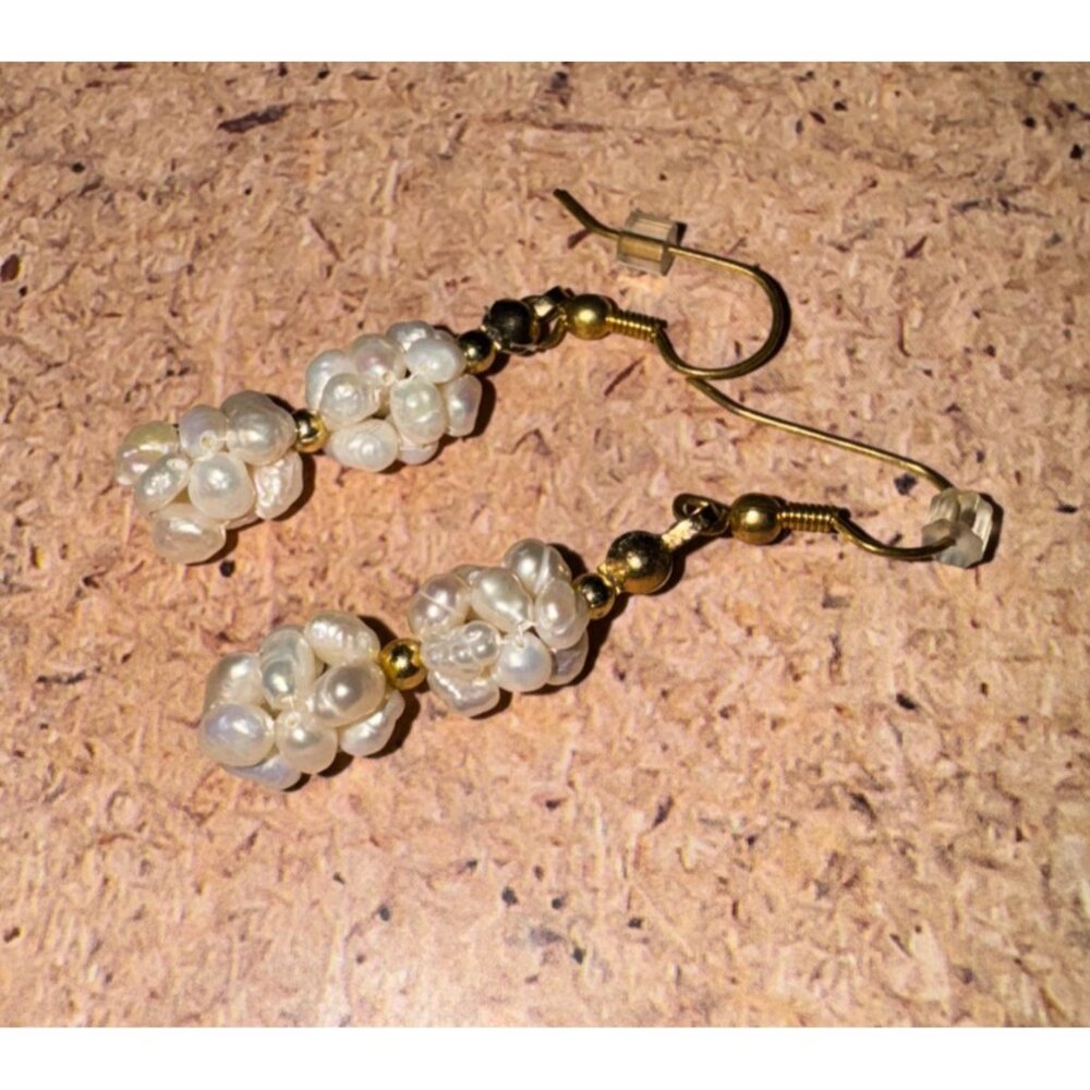 Handmade Dangling Earrings With Faux Pearls & Gold Beads - Picture 10 of 14